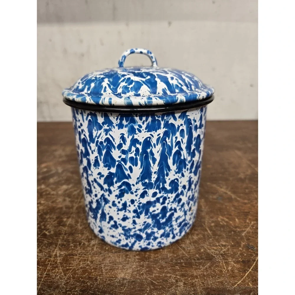 Vintage Blue White Splatter Enamelware Canister Set of 4 Lidded Nesting